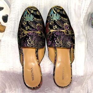 MERONA 7.5 Black Multi Gold Tone Horsebit Accent Slip on Floral Metallic Mules
